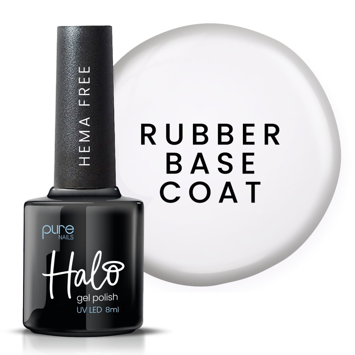Black gel polish bottle with 'Halo' branding and a white circle labeled 'Rubber Base Coat' on a white background.