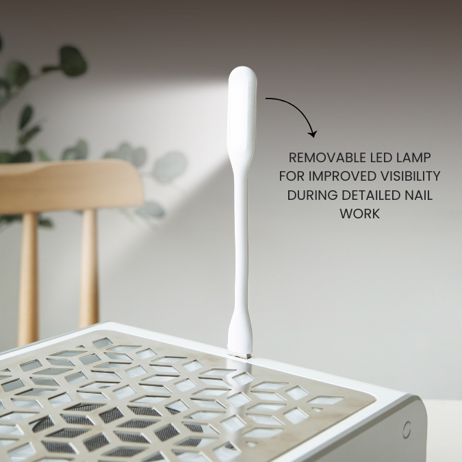 White LED lamp on a nail tray with text indicating its use for improved visibility during nail work.
