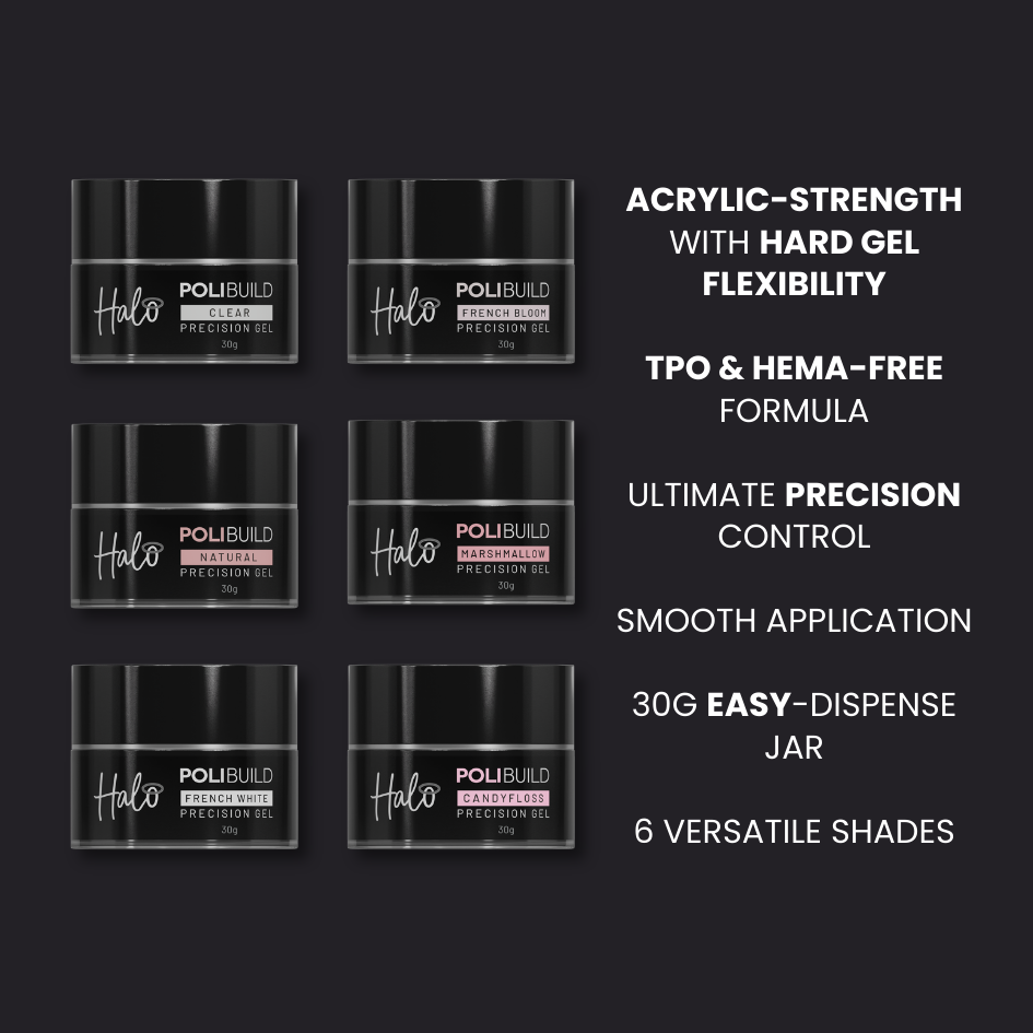 Collection of Halo Polibuild gel jars with product features listed on a black background