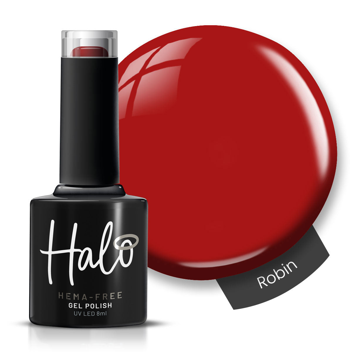 Halo gel polish bottle with a red color swatch labeled 'Robin' on a white background