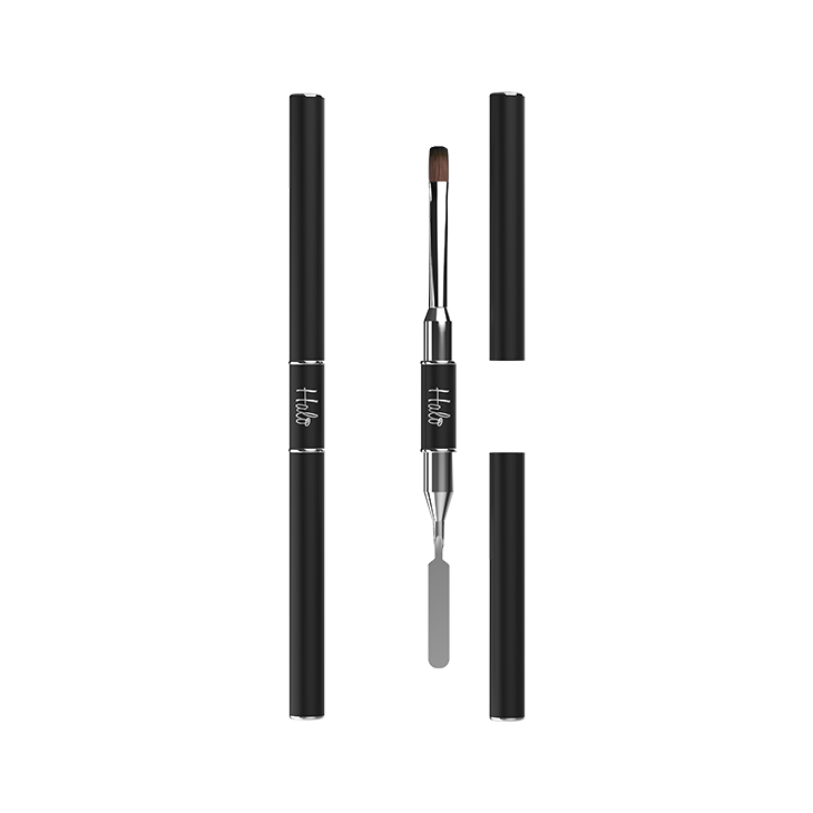 Makeup brush set with black handle and silver ferrule on a white background